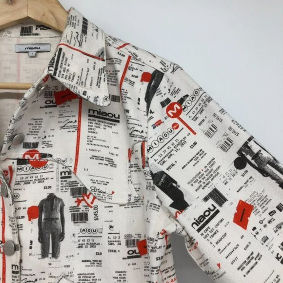 Miaou White Red Newsprint Denim cropped Jacket button front Lottery Ticket Multi - Picture 9 of 16
